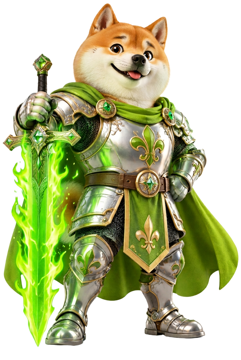 Hood Sword Inu, a three-dimensional green-armored knight holding an oversized sword